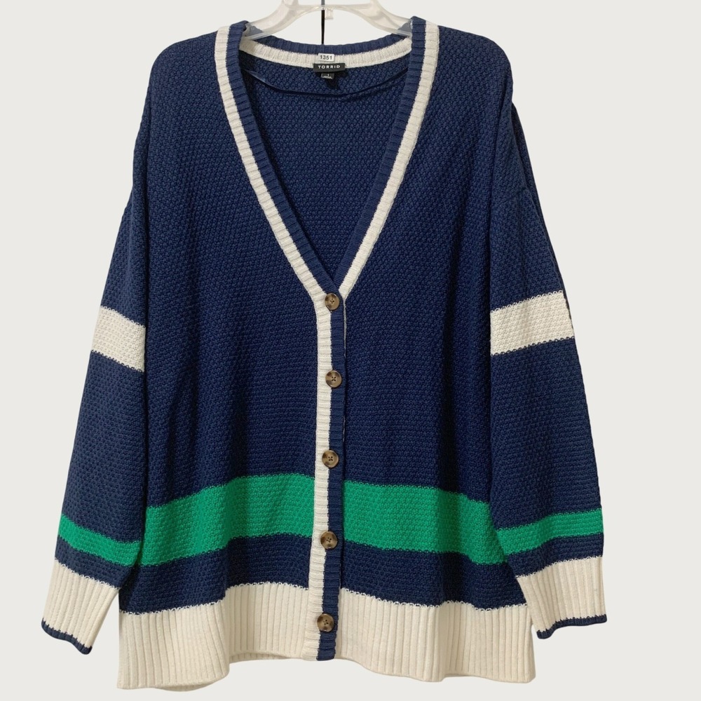 Torrid Cardigan Sweater Women 1X Navy Blue Green White Striped Button Front Knit